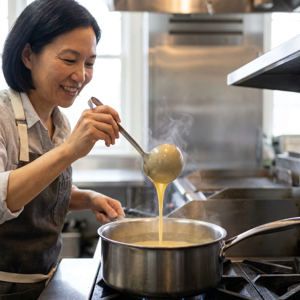 A pale golden velouté sauce being poured from a ladle back into a saucepan, showing a smooth, glossy texture