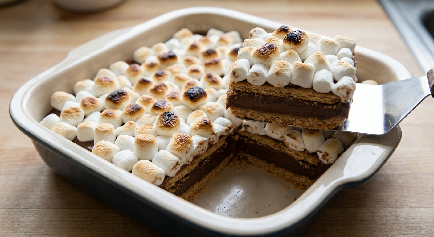A pan of no-bake s’mores bars with layers of chocolate pudding, graham crackers, and toasted mini marshmallows on top