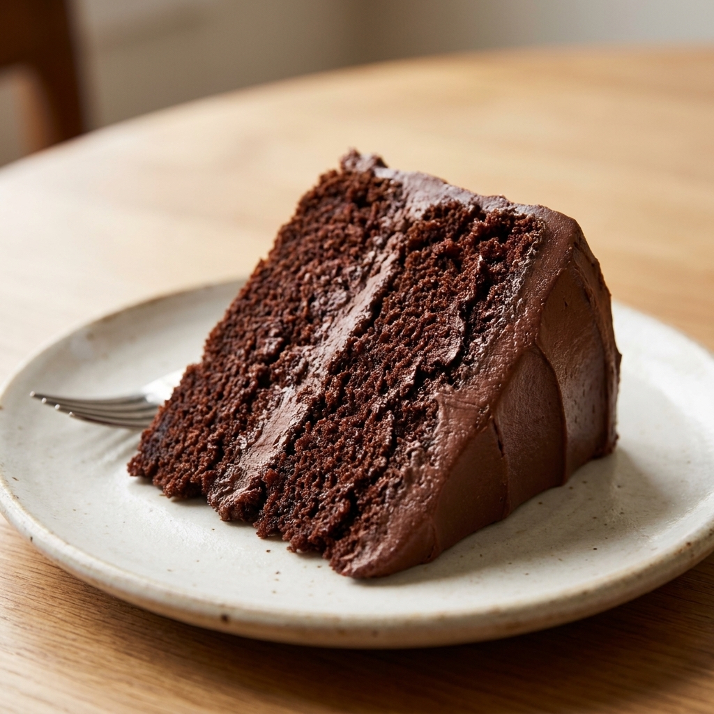 A photograph of a neatly sliced chocolate layer cake on a ceramic plate, showing a soft, tender crumb and smooth frosting
