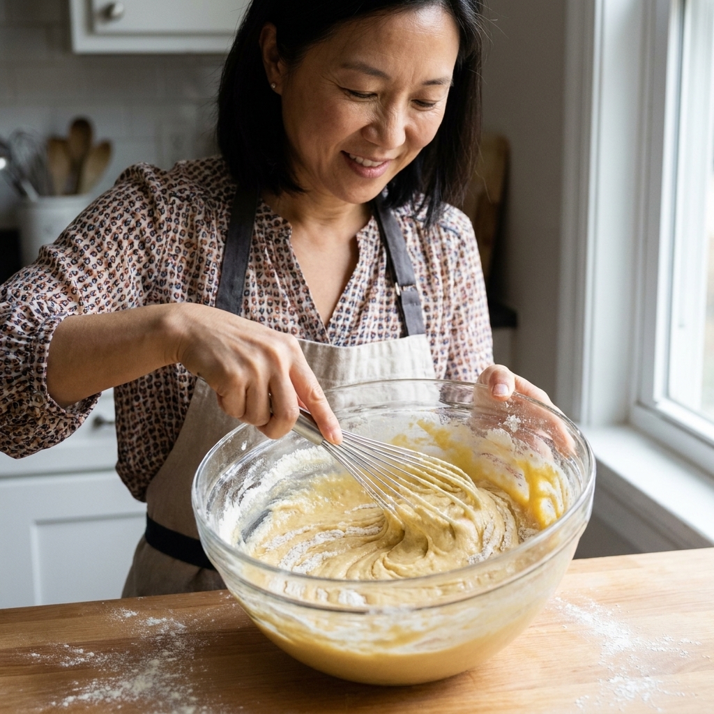 A photograph of cake batter being gently whisked in a large glass bowl on a kitchen counter with flour still visible in small streaks