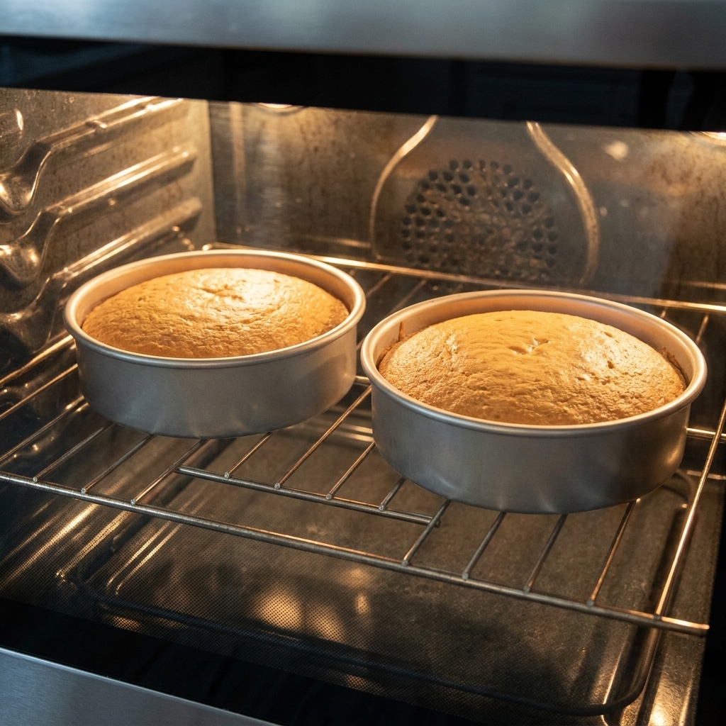 A photograph of two round cake pans sitting on the middle oven rack, with evenly rising batter visible near the top