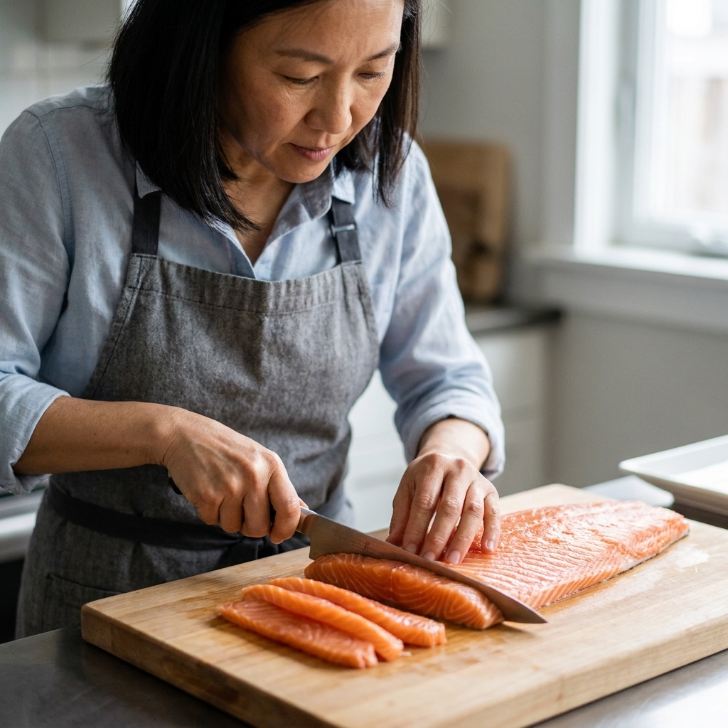 A piece of raw salmon on a cutting board being sliced into long even strips with a sharp knife, hands positioned safely