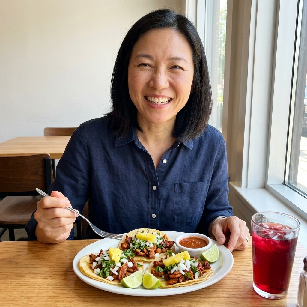 A plate of al pastor-style tacos on corn tortillas topped with chopped onion, cilantro, and small pieces of pineapple, with lime wedges beside