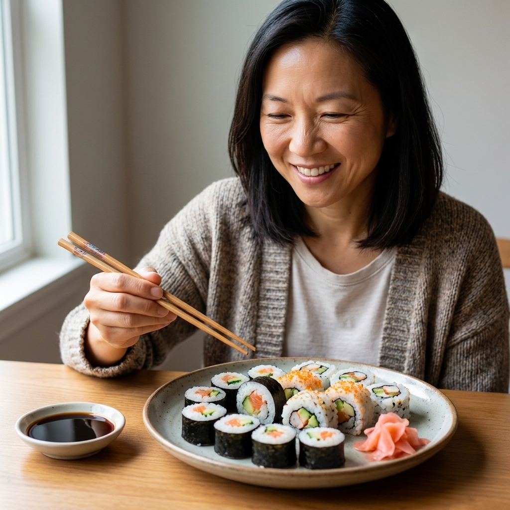 A plate of homemade sushi rolls arranged neatly with a small dish of soy sauce and a bit of pickled ginger on the side