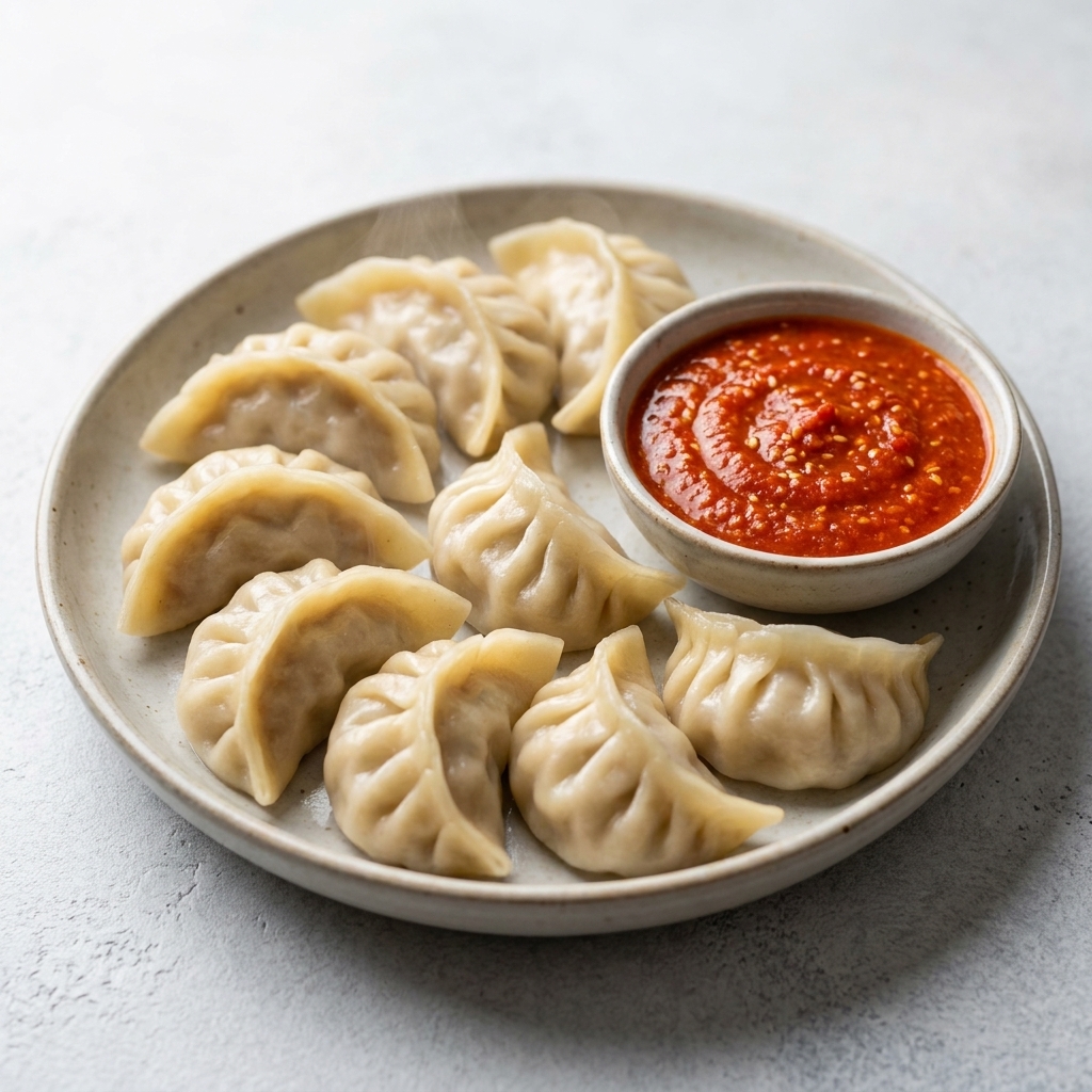 A plate of steamed Nepali momo dumplings served with a bright red tomato-sesame achar dipping sauce