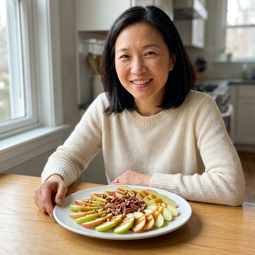 A plate of thinly sliced apples drizzled with caramel and sprinkled with chopped nuts on a kitchen table