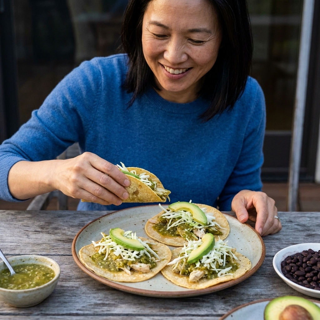 A plated dinner scene with salsa verde shredded chicken piled into warm corn tortillas, topped with cabbage and avocado on a wooden table
