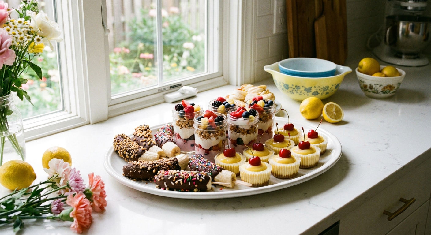 A platter holding assorted no-bake summer desserts, including chocolate-dipped frozen bananas, berry yogurt parfaits, and mini cheesecake cups on a bright kitchen counter