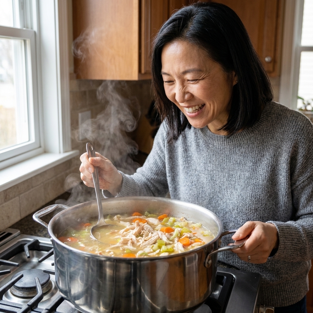 A pot of chicken soup simmering on the stove with visible carrots, celery, shredded chicken, and steam rising