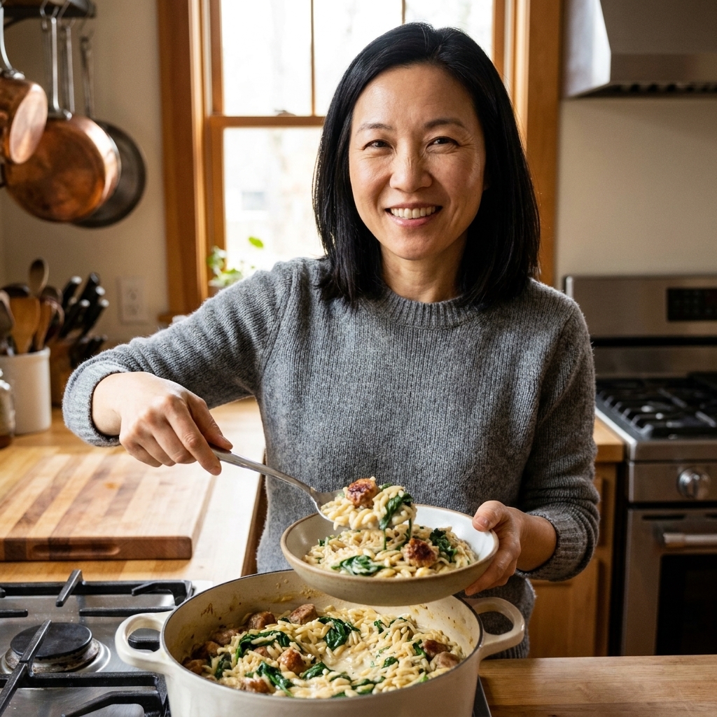 A pot of creamy orzo with browned sausage and wilted spinach in a warm home kitchen