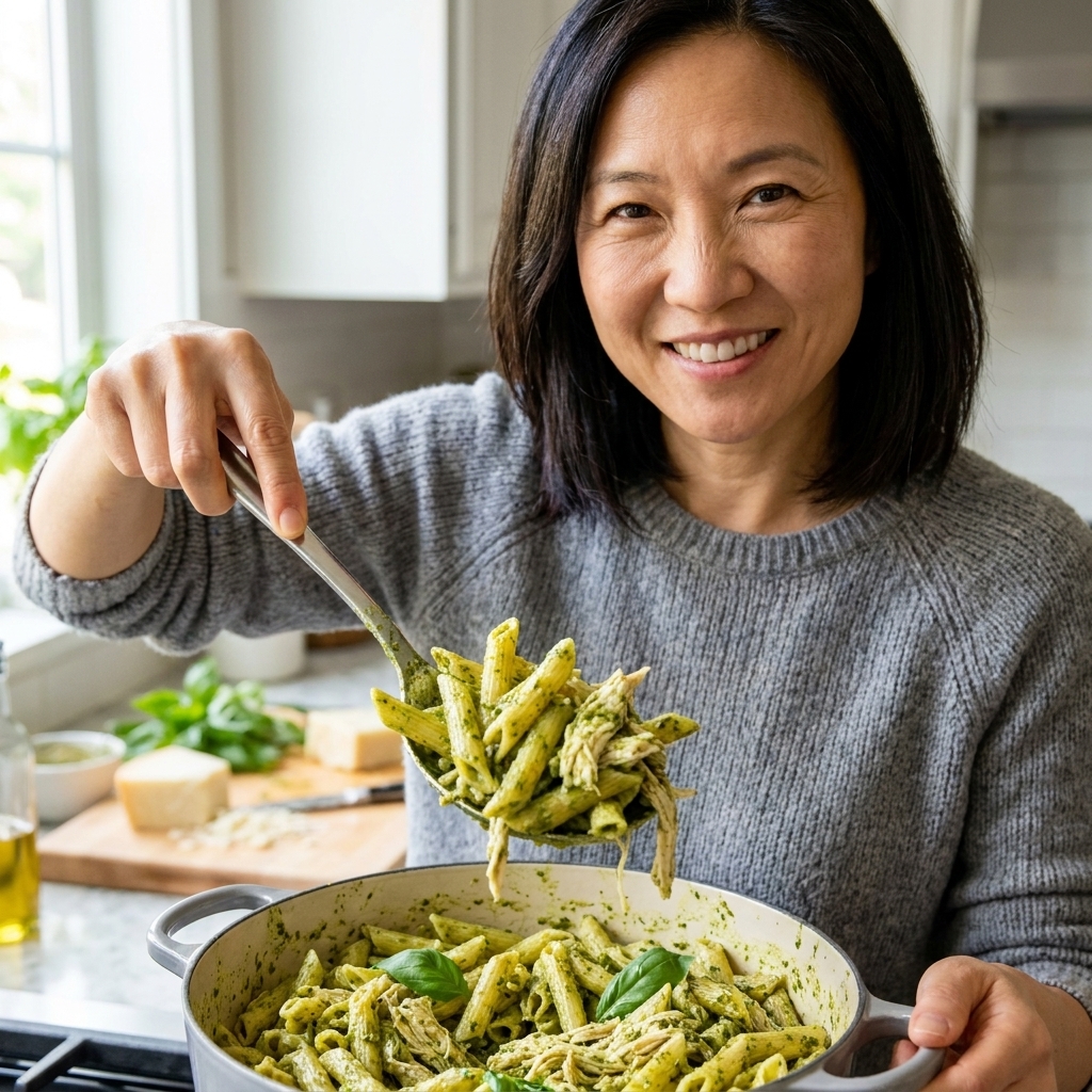 A pot of penne pasta tossed with pesto and shredded chicken, with a spoon lifting a saucy portion