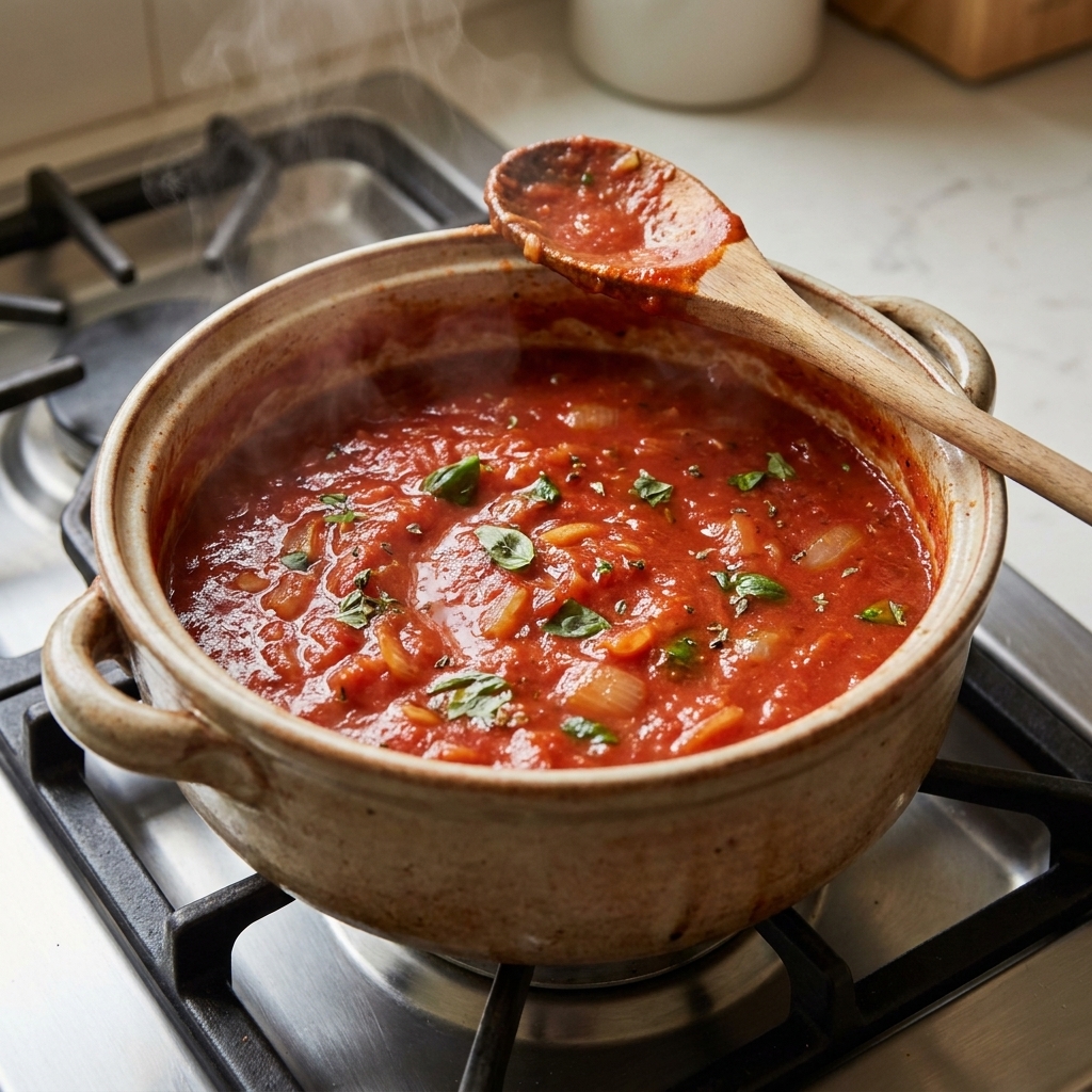 A pot of rich tomato sauce simmering with visible onion and herb flecks, with a spoon resting on the rim