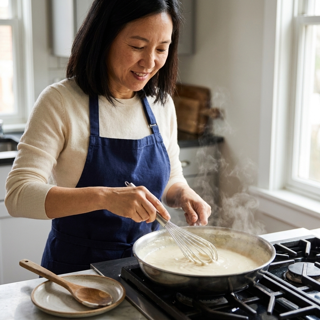 A pot of silky béchamel sauce being whisked until smooth, with steam rising and a wooden spoon resting nearby