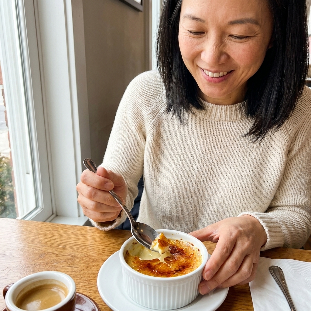 A ramekin of coconut milk crème brûlée with a caramelized sugar top cracked open by a spoon