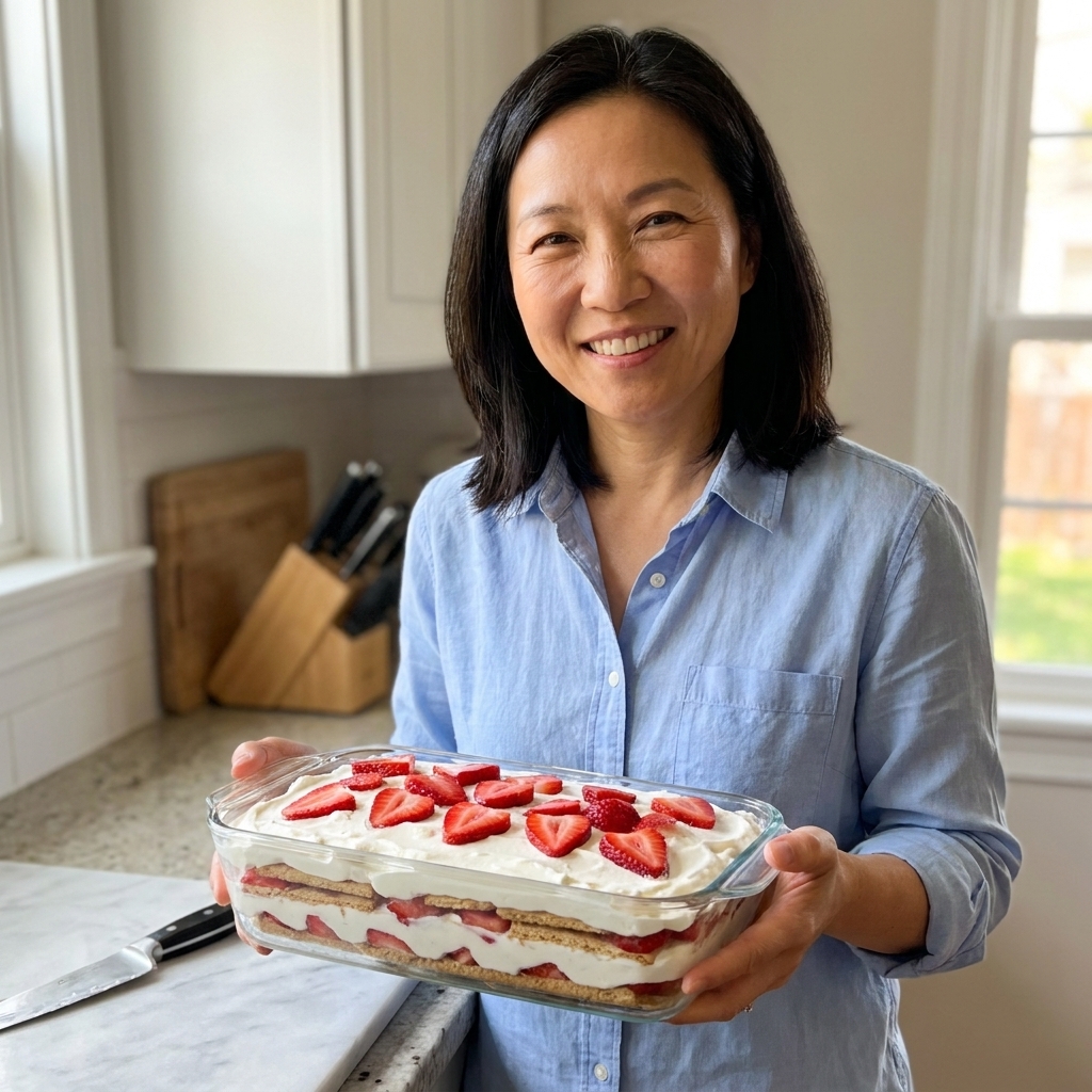 A rectangular pan of strawberry icebox cake with visible layers of whipped cream, sliced strawberries, and cookies, chilled and ready to slice