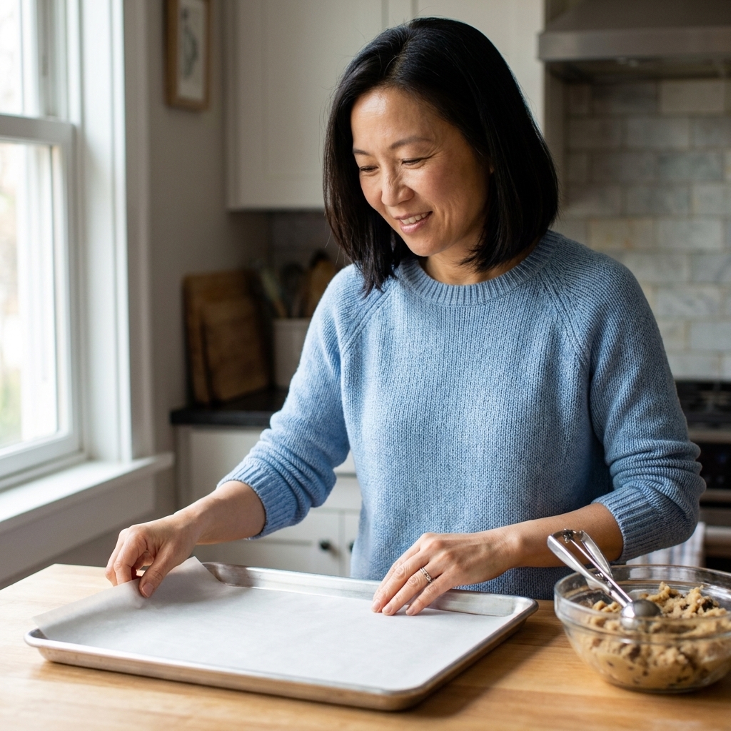 A rimmed aluminum baking sheet lined with parchment paper on a kitchen counter, ready for cookie dough