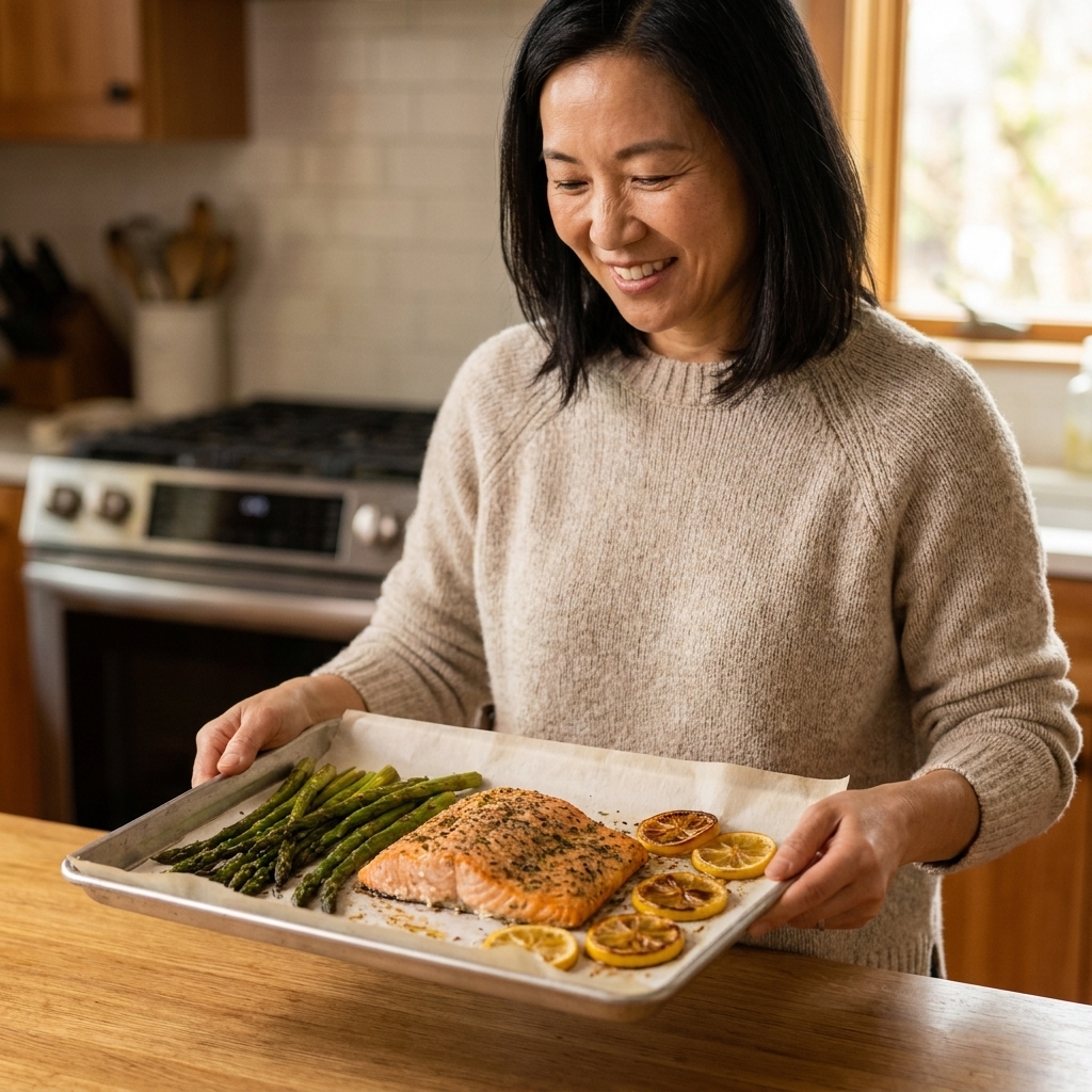 A roasted salmon fillet with asparagus spears on a parchment-lined sheet pan, lemon slices nearby, warm oven-to-table look