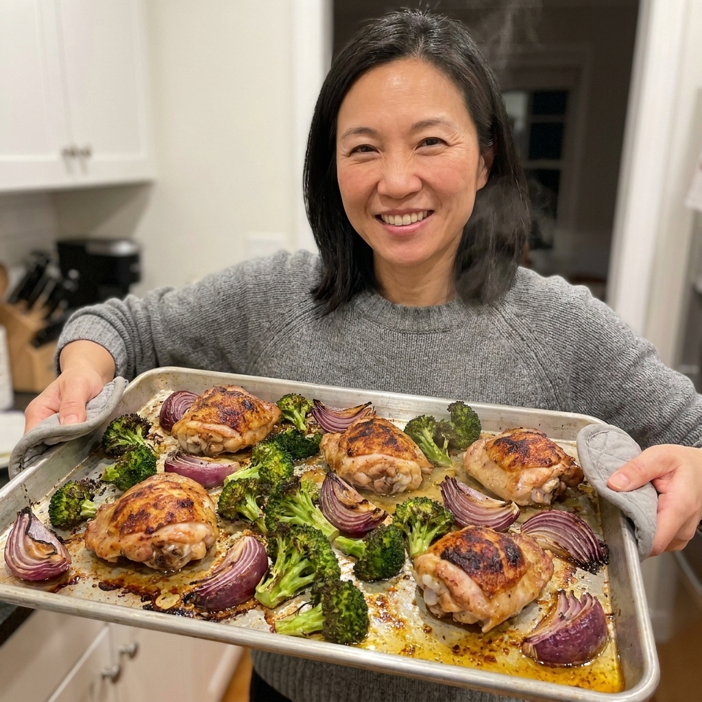A roasted sheet pan dinner with chicken thighs, broccoli florets, and red onion wedges browned and sizzling on a metal baking sheet