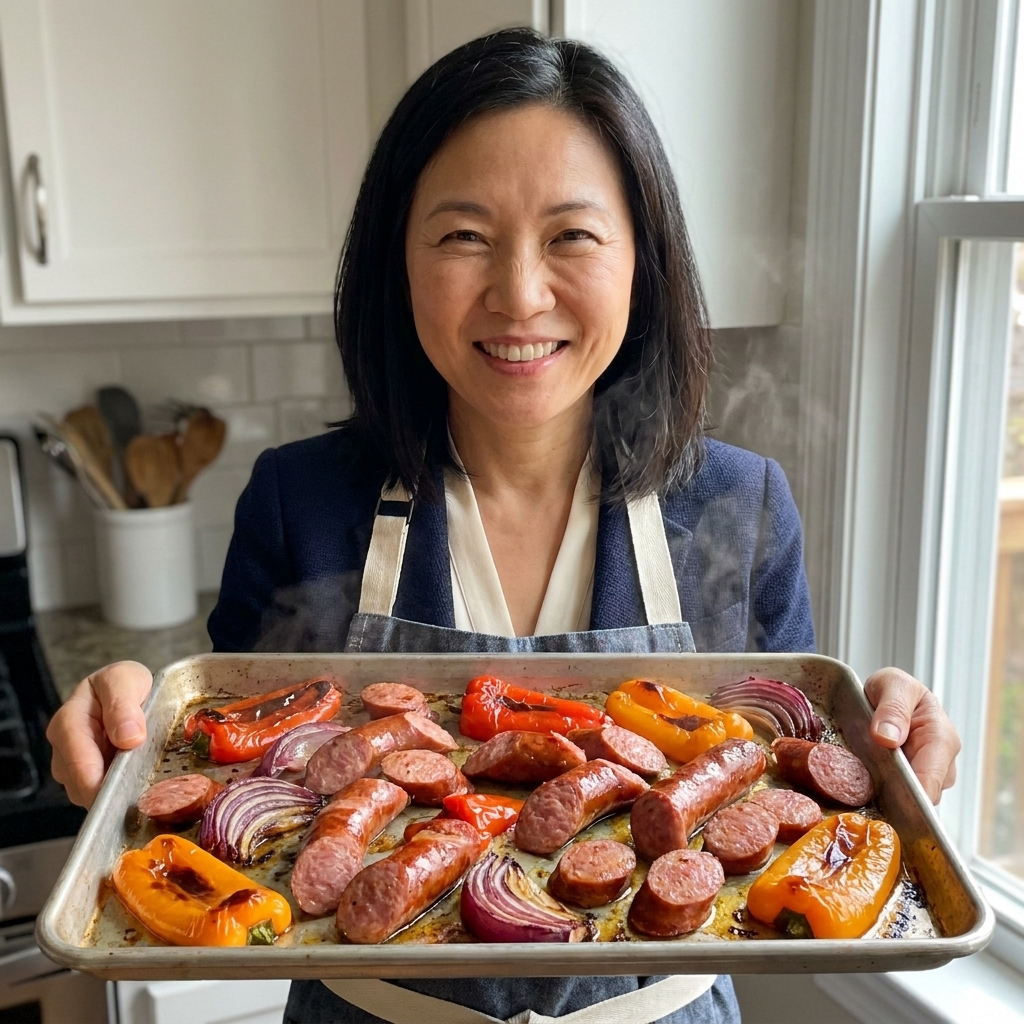 A roasted sheet pan dinner with sliced sausage, blistered bell peppers, and red onion wedges, lightly charred and glossy
