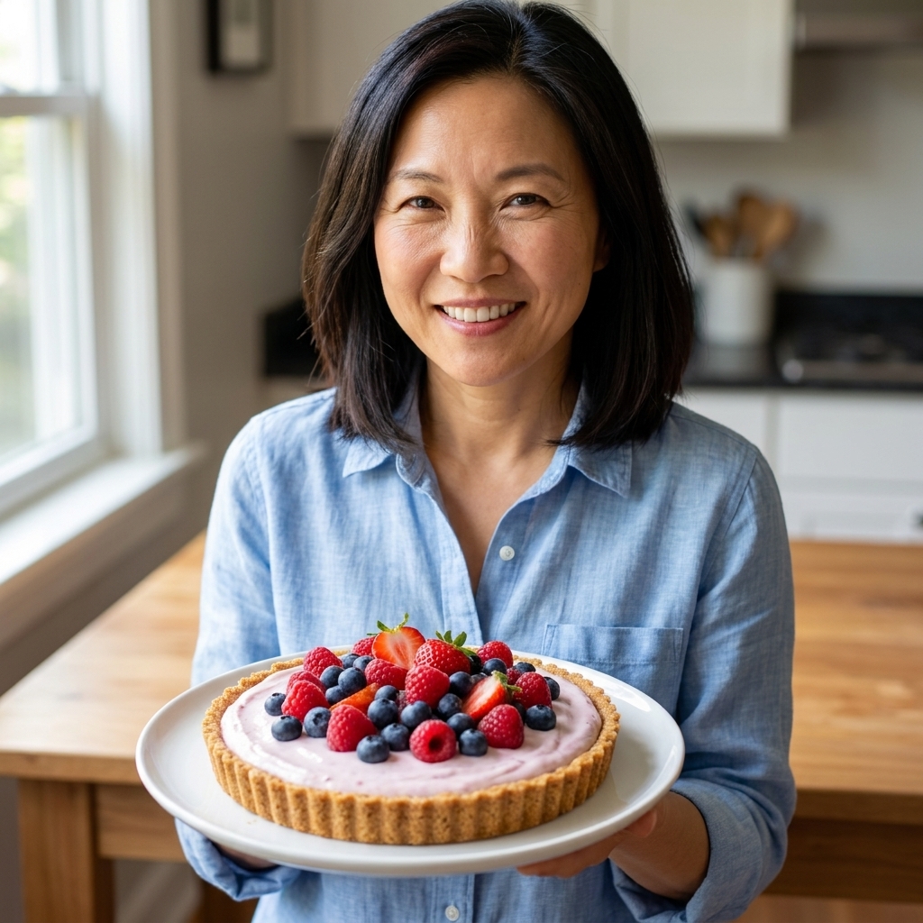 A round no-bake berry yogurt tart on a plate with a cookie crumb crust and fresh berries piled on top