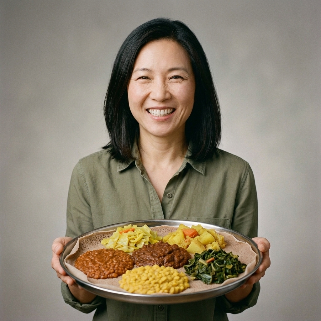 A round platter lined with injera topped with mounds of vegan lentil stews, cabbage, potatoes, and greens, ready for sharing