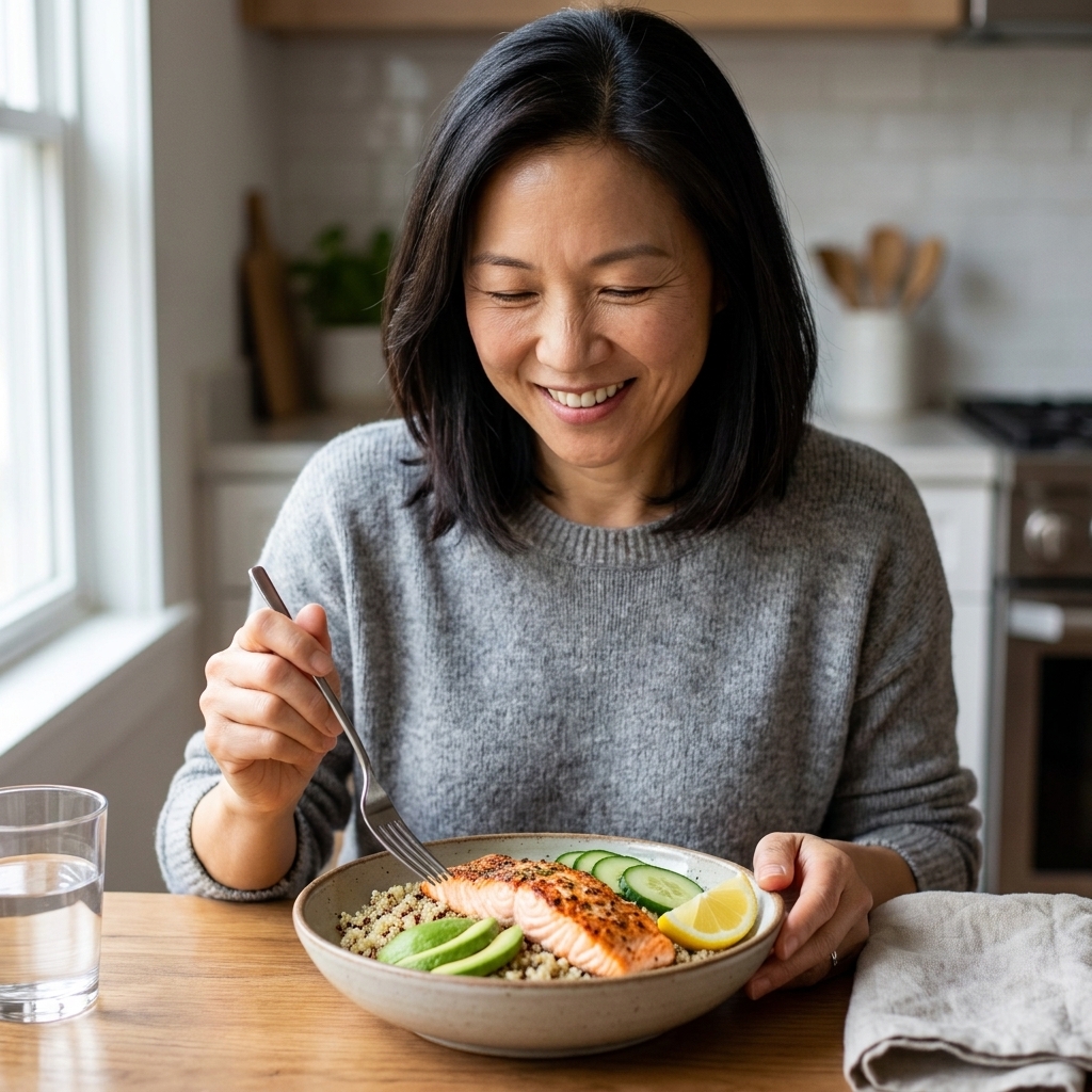 A salmon quinoa bowl topped with sliced avocado, cucumber, and a lemon wedge on a wooden table