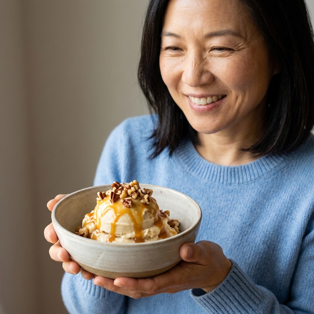 A scoop of banana nice cream in a bowl drizzled with salted caramel sauce and topped with chopped toasted nuts