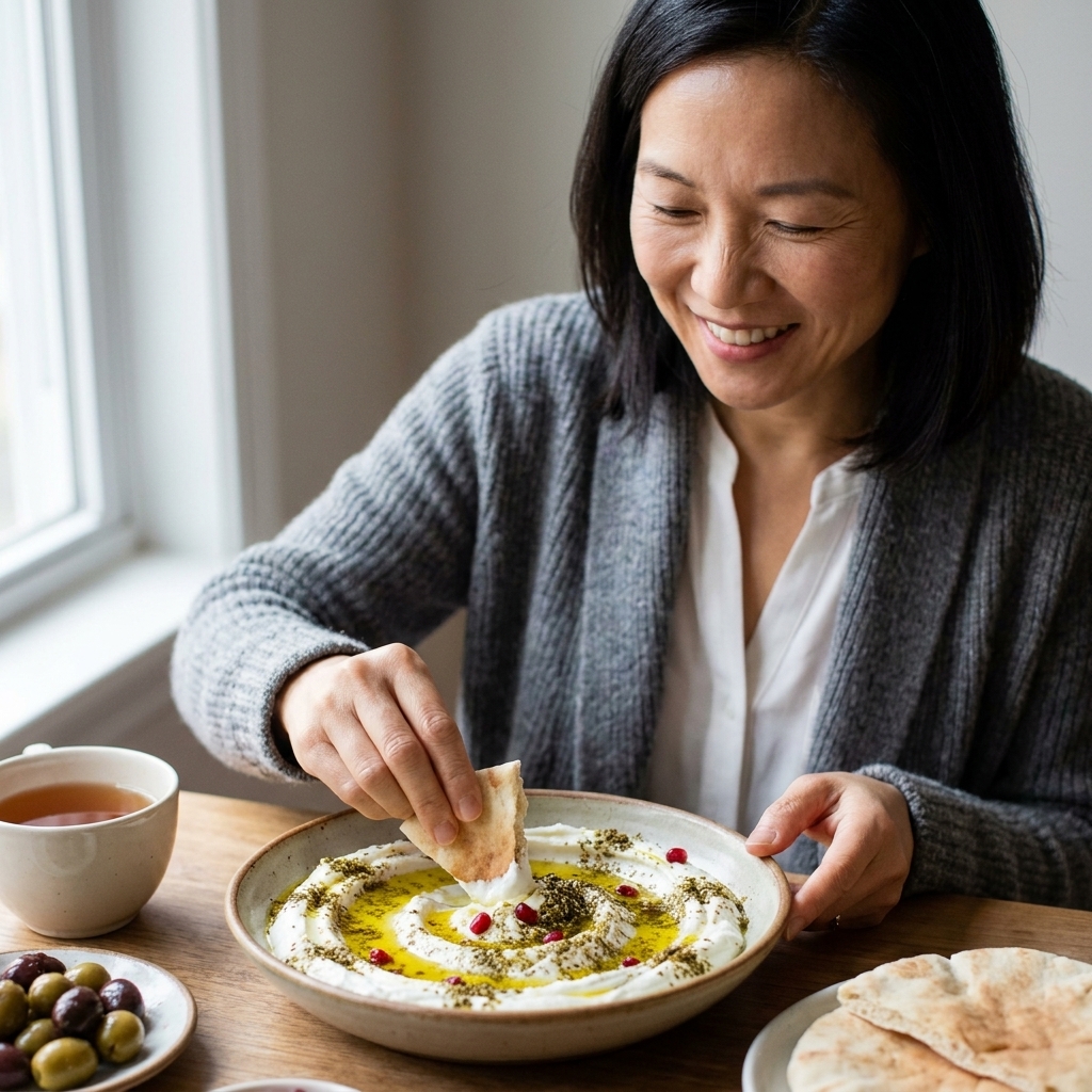A shallow bowl of labneh swirled with olive oil and sprinkled with za’atar, with pita on the side