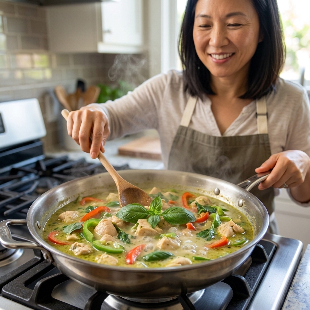 A shallow pan filled with Thai green curry chicken in coconut milk with green curry paste, sliced bell peppers, and basil leaves, gently simmering on the stove