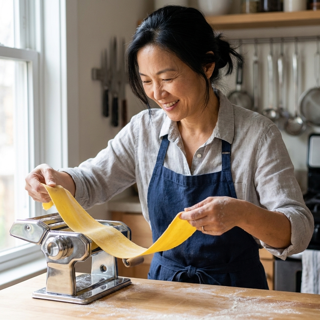 A sheet of fresh pasta dough being rolled through a countertop pasta machine, with a cook guiding the dough with both hands