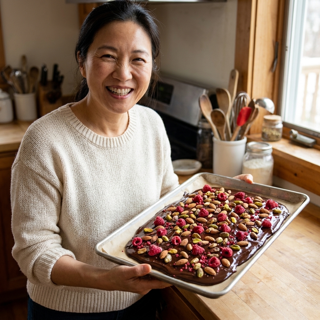 A sheet pan lined with parchment holding glossy chocolate bark studded with nuts and freeze-dried raspberries, setting at room temperature
