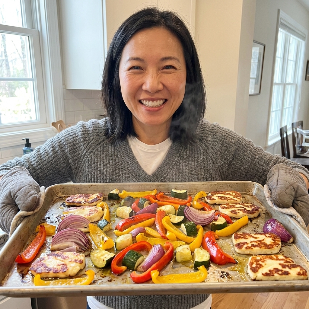 A sheet pan of broiled peppers, zucchini, and red onion with browned halloumi slices fresh from the oven