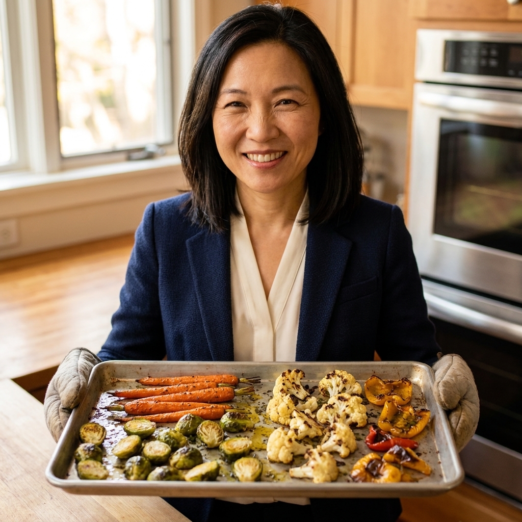 A sheet pan of mixed roasted vegetables including carrots, Brussels sprouts, cauliflower, and bell peppers, browned and blistered from the oven