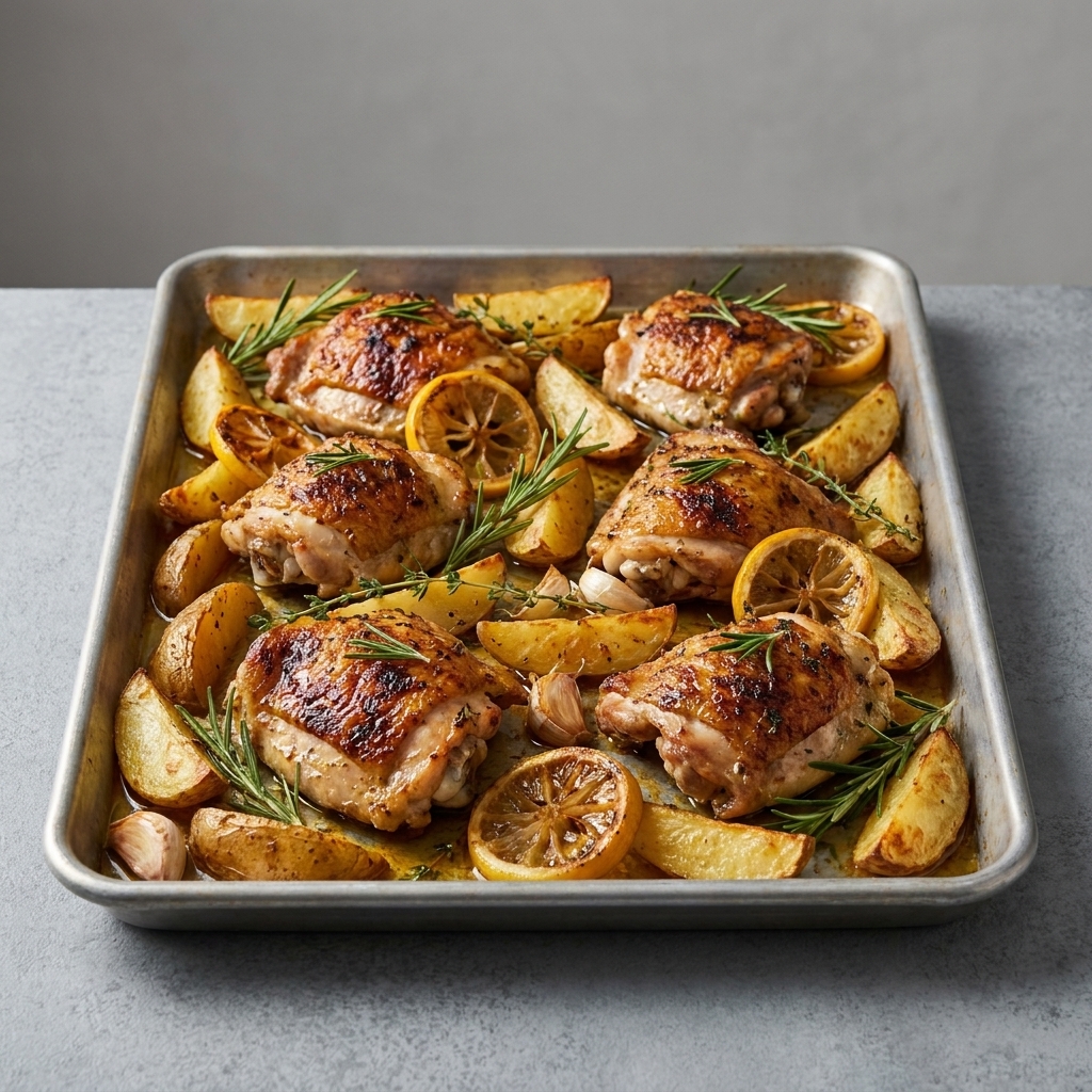 A sheet pan of roasted lemon garlic chicken thighs with crispy potatoes and scattered herbs