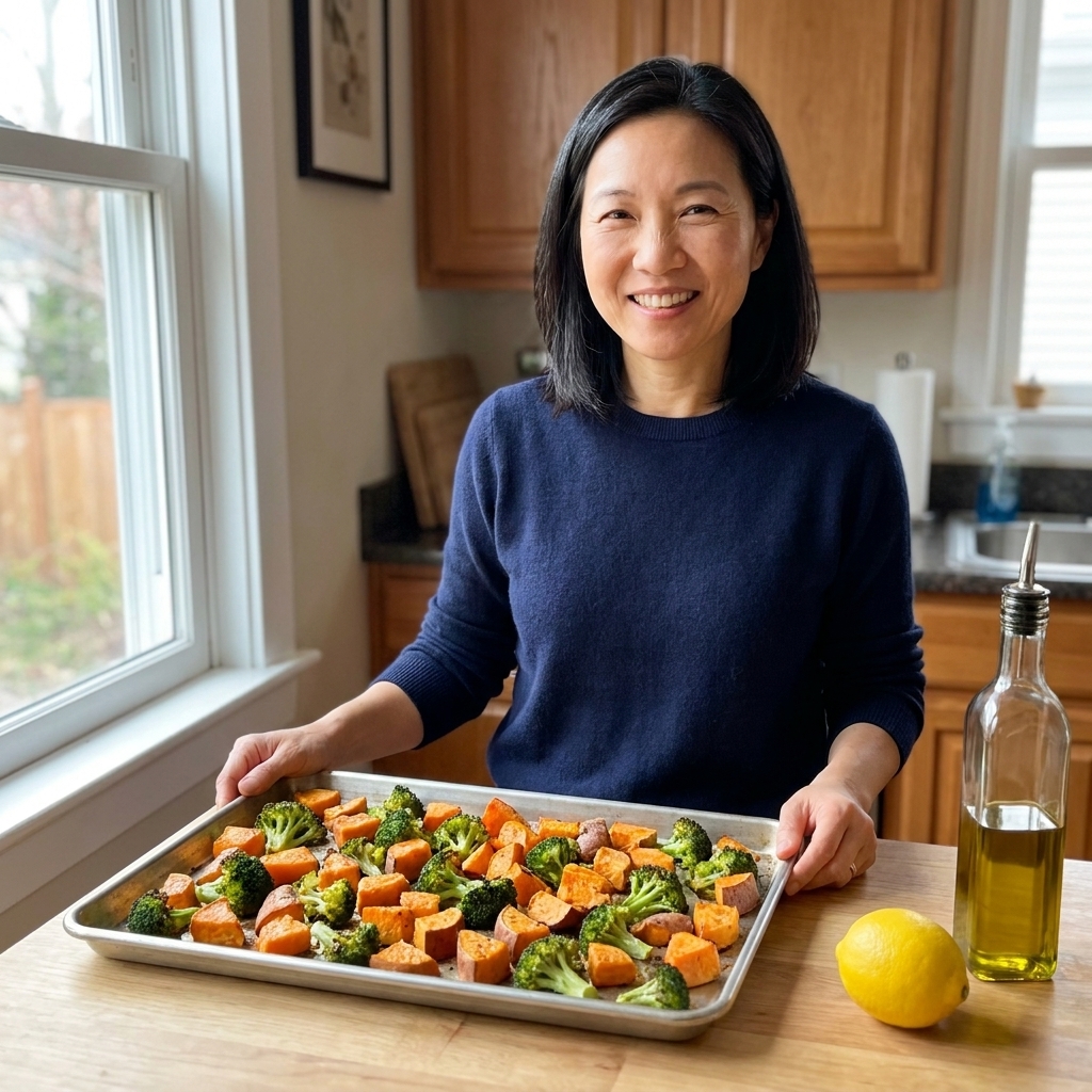 A sheet pan piled with roasted sweet potatoes and broccoli on a kitchen counter with a lemon and olive oil nearby