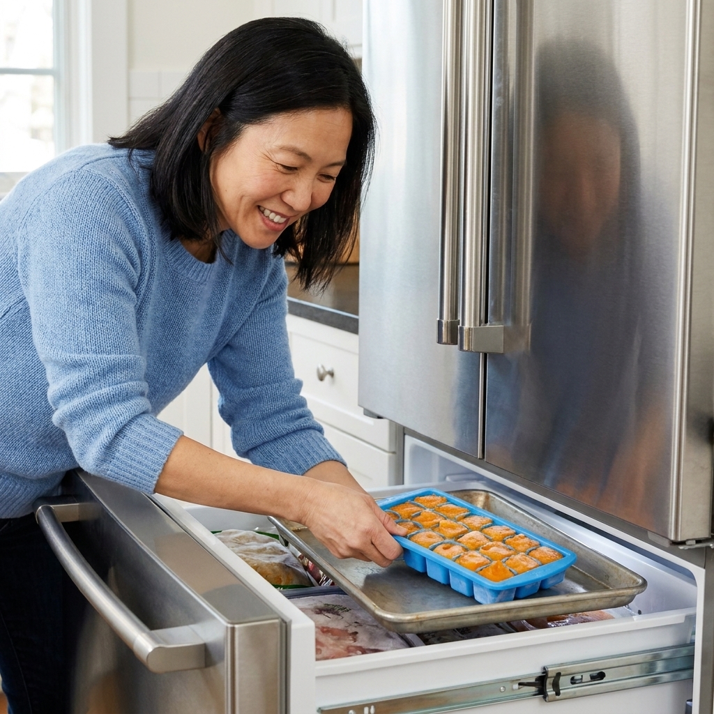 A silicone ice cube tray filled with orange vegetable puree cubes on a baking sheet in a freezer drawer