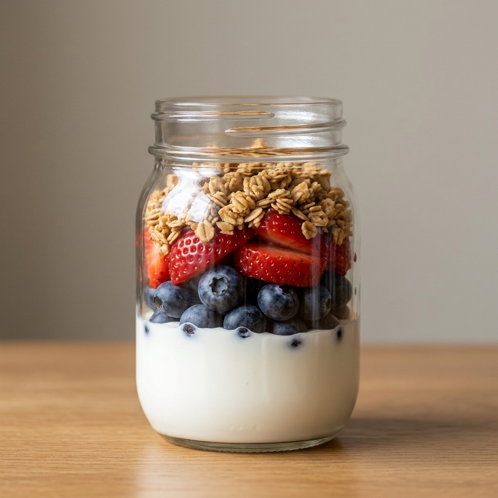 A single jar layered with thick Greek yogurt, blueberries, sliced strawberries, and granola on top
