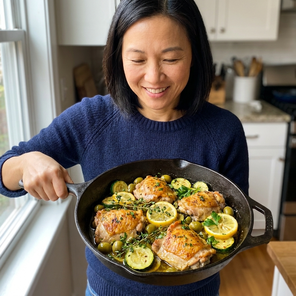 A skillet dinner with browned chicken pieces, sautéed zucchini rounds, and green olives, finished with lemon and herbs