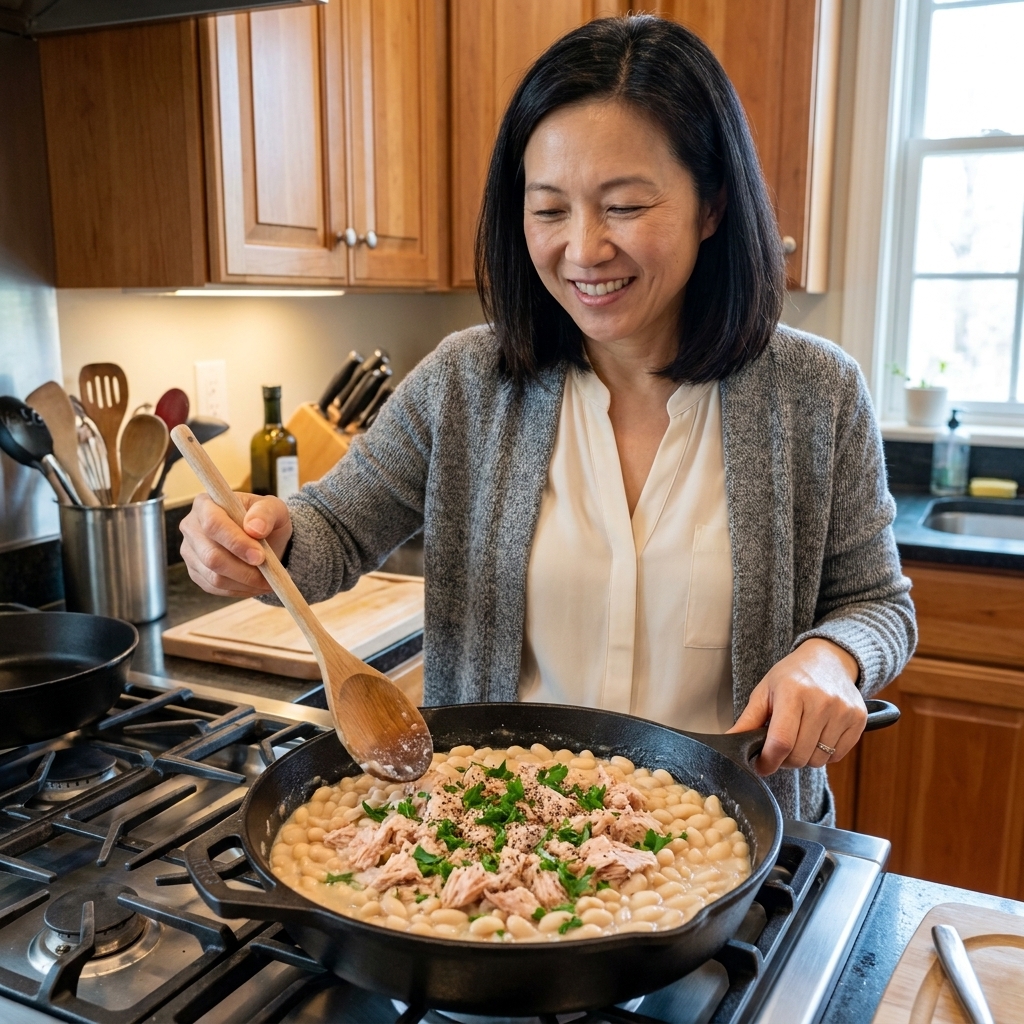 A skillet filled with creamy white beans and flaky tuna, finished with black pepper and herbs, sitting on a stovetop in a cozy home kitchen