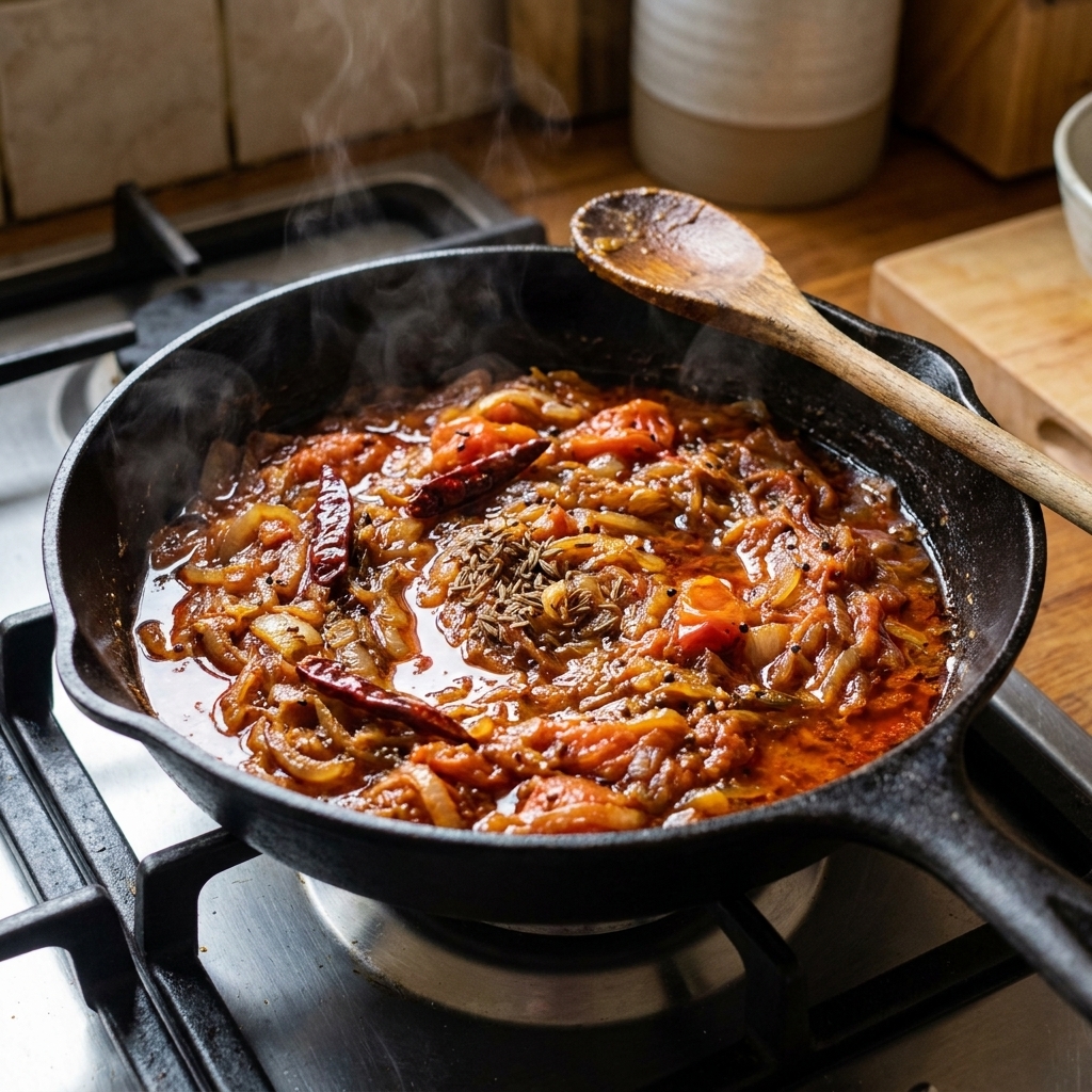 A skillet of Indian onion-tomato masala with browned onions, tomatoes, and spices simmering with a sheen of oil around the edges, a wooden spoon resting on the side