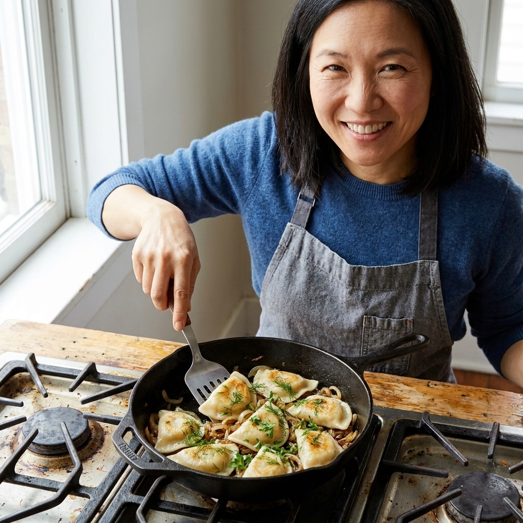 A skillet of butter-fried Polish pierogi topped with caramelized onions and fresh herbs, photographed on a rustic stovetop