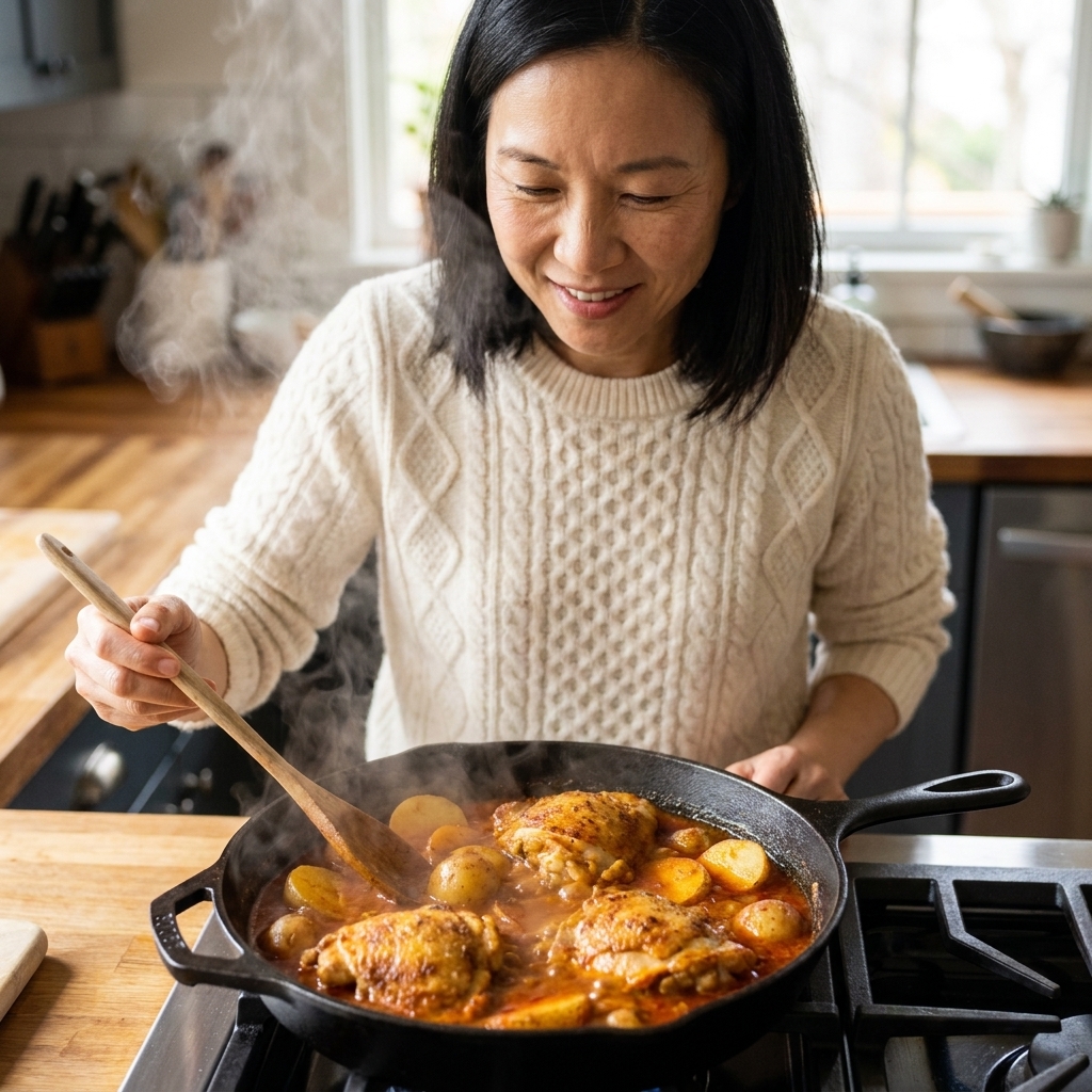 A skillet with golden chicken thighs simmering in a spiced sauce alongside tender potatoes, with steam rising from the pan
