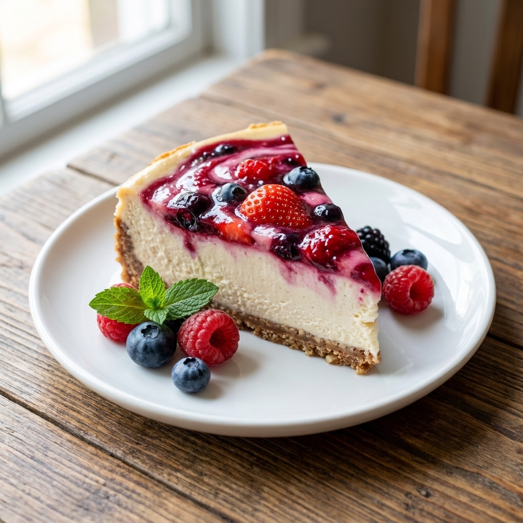 A slice of dairy-free cashew cheesecake with a glossy berry swirl on top, sitting on a white plate with fresh berries nearby