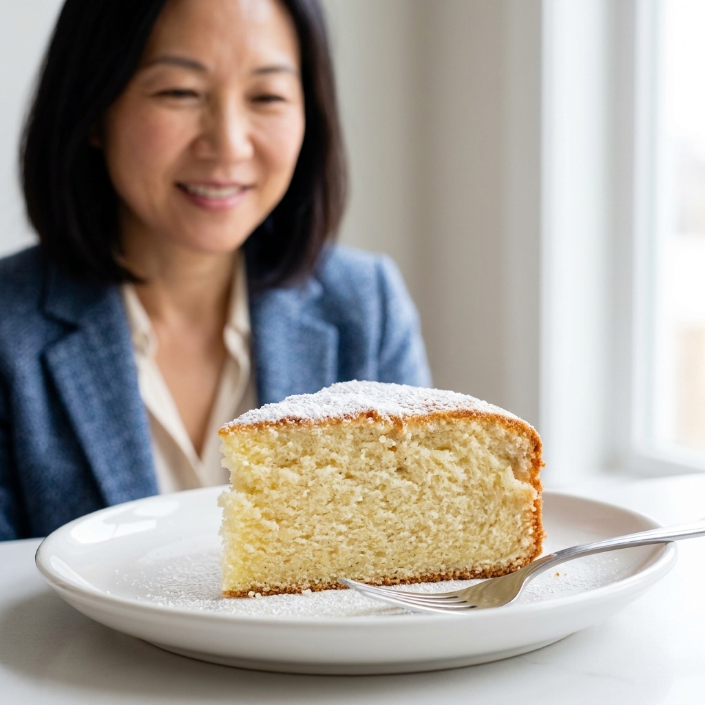 A slice of tender vanilla cake on a plate with a soft, moist crumb and a light dusting of powdered sugar