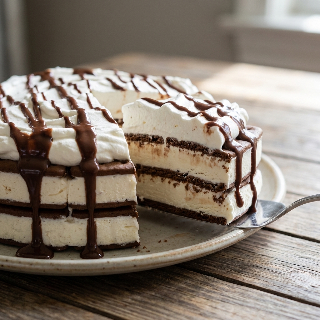 A sliced ice cream sandwich cake with layers of ice cream sandwiches, whipped topping, and chocolate drizzle