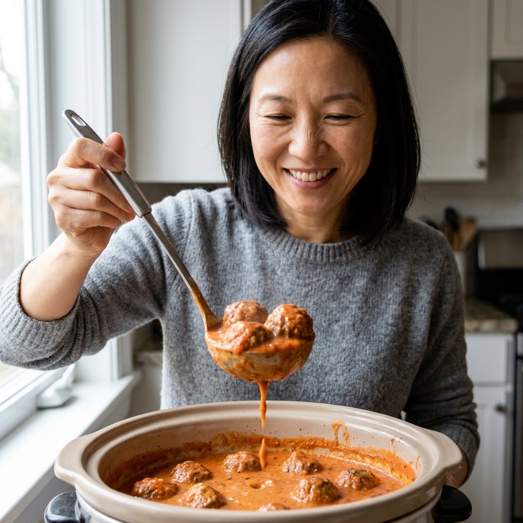 A slow cooker filled with meatballs in a creamy tomato sauce, with a ladle lifting a portion to show the sauce texture