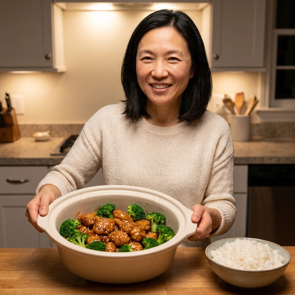 A slow cooker insert filled with glossy honey garlic chicken and bright green broccoli, with steamed rice in a bowl beside it