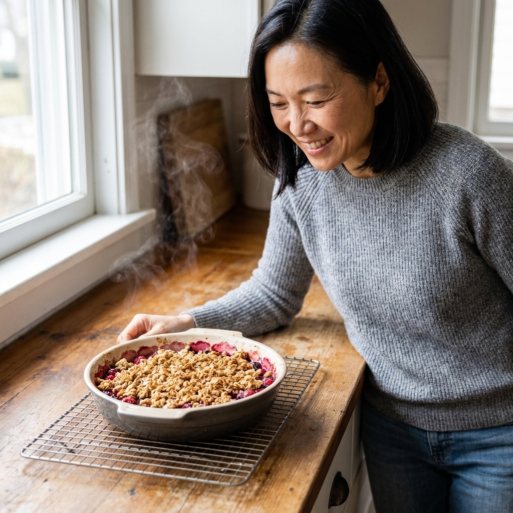 A small baking dish of bubbling berry crumble with golden granola topping on a cooling rack