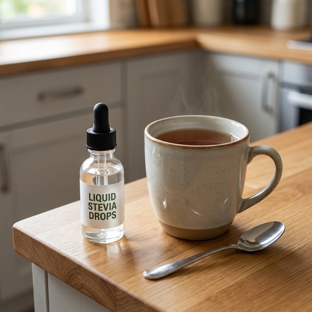 A small bottle of liquid stevia drops next to a mug and a teaspoon on a kitchen counter