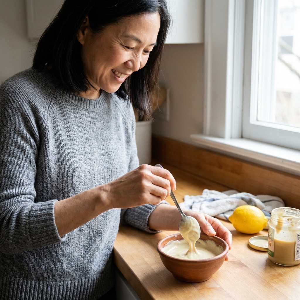 A small bowl of creamy lemon tahini sauce being whisked with a spoon on a kitchen counter